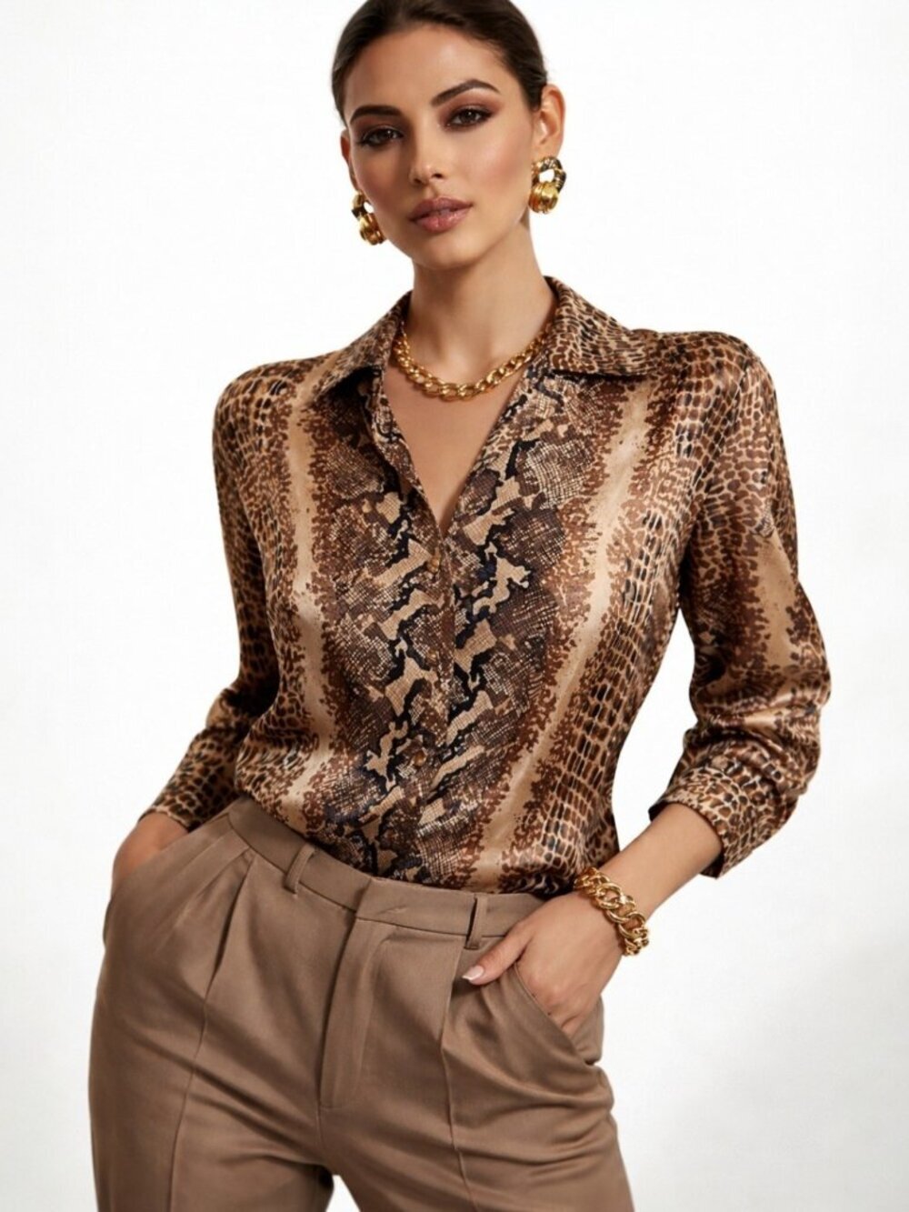 Allison Taylor Petite 100% Silk Blouse Animal Print Python Leopard PM